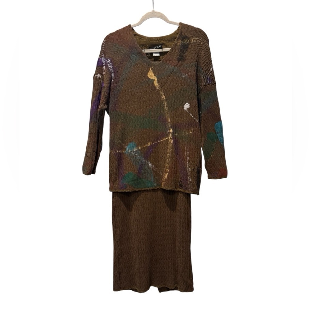 Vintage 80s Hand Painted Art Knit Two-Piece Set Sweater + Skirt Brown Abstract S